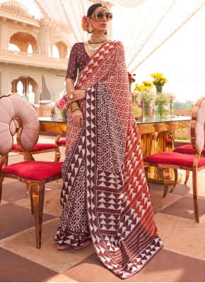 Glitzy Geometric Print Rust Contemporary Saree