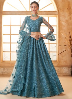 Glossy Net Blue and Morpeach  Floral Patterns Lehenga Choli