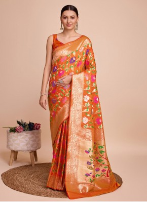 Glossy Silk Meenakari Orange Trendy Saree