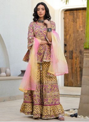 Glossy Yellow Lace Trendy Palazzo Salwar Kameez