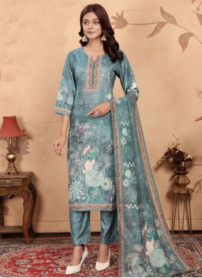 Glowing Blue and Teal Print Cotton Readymade Designer Salwar Suit