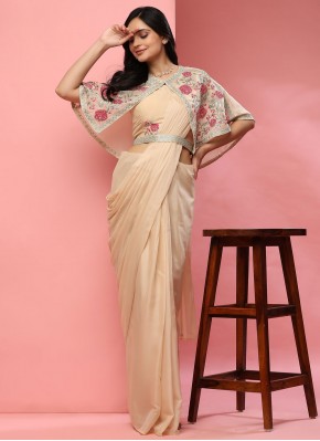 Glowing Cream Plain Trendy Saree