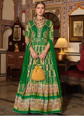 Glowing Foil Print Silk Green Designer Gown