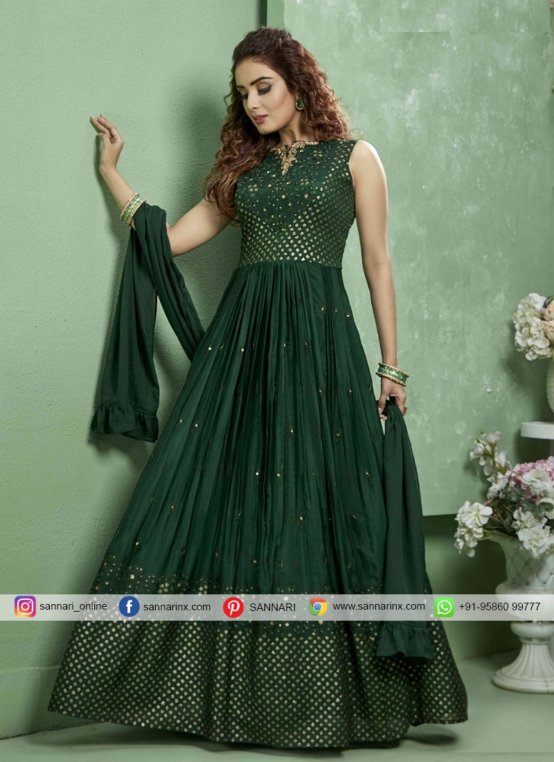 Dark Green Color Sleeveless Gown Dress For Raksha Bandhan, 59% OFF