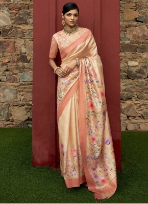 Graceful Digital Print Art Silk Cream and Peach Trendy Saree