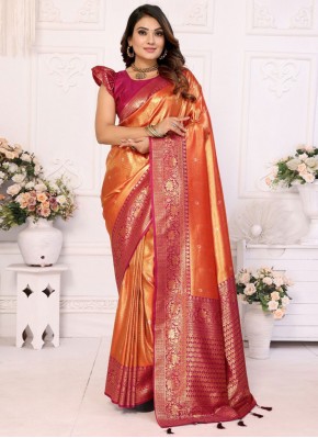 Graceful Zari Orange and Rani Trendy Saree