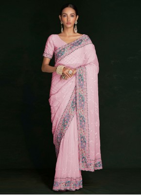 Grandiose Georgette Lucknowi work Pink Contemporary Saree