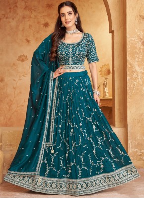 Gratifying Morpeach  and Teal Reception Readymade Lehenga Choli