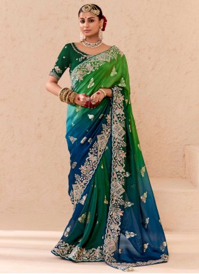 Green and Morpeach  Silk Ceremonial Contemporary Saree