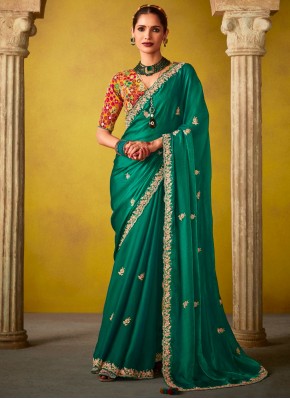 Green and Teal Silk Embroidered Classic Saree