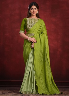 Green Crepe Silk Embroidered Classic Saree