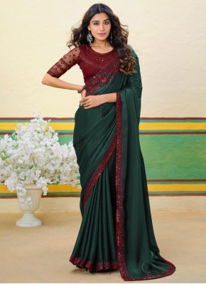 Green Festival Shimmer Georgette Designer Saree