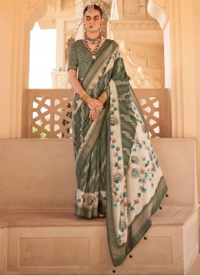 Green Foil Print Ceremonial Contemporary Saree