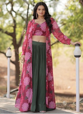 Green Plain Faux Georgette Readymade Lehenga Choli