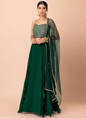 Green Plain Georgette Long Choli Lehenga