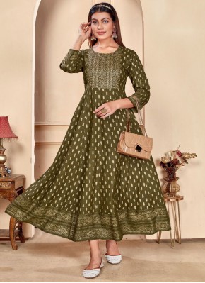 Green Print Casual Readymade Gown