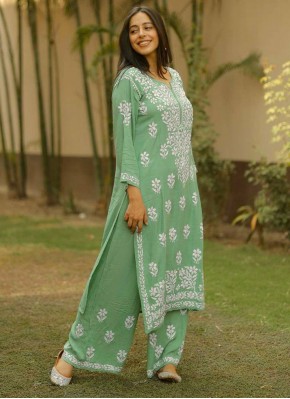 Green Rayon Embroidered Party Wear Kurti