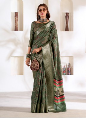 Green Silk Foil Print Classic Saree