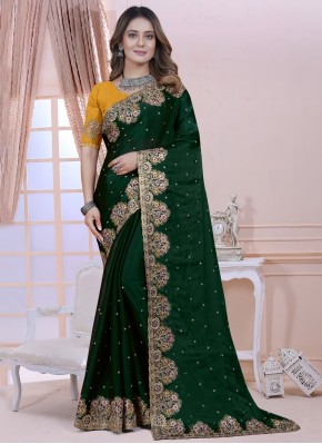 Green Wedding Satin Silk Contemporary Saree