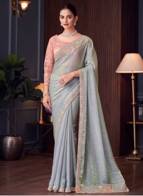 Grey Embroidered Party Trendy Saree