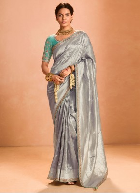 Grey Embroidered Silk Traditional Saree