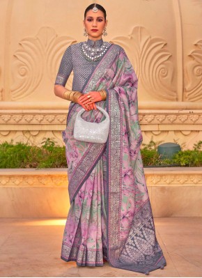 Grey Floral Print Trendy Saree