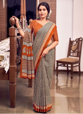 Grey Print Cotton Designer Saree