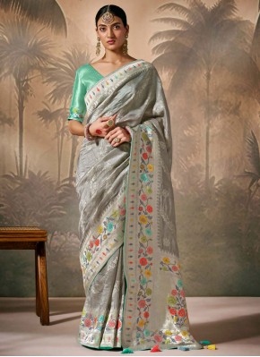 Grey Silk Floral Patterns Designer Saree