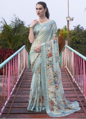 Groovy Aqua Blue Digital Print Georgette Contemporary Saree