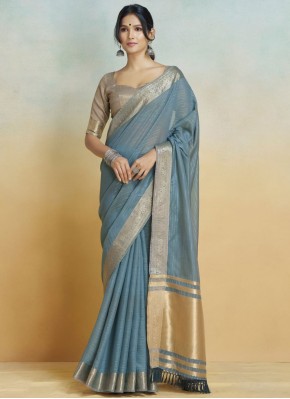 Handloom silk Blue Weaving Trendy Saree