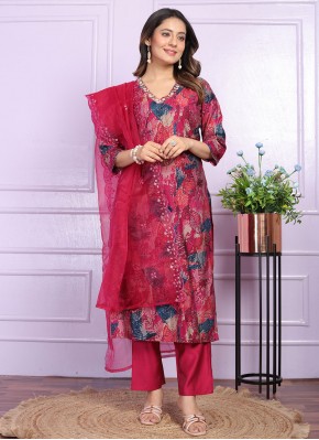 Handwork Silk Readymade Salwar Suit in Red