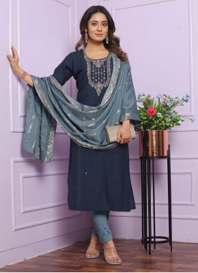 Handwork Silk Trendy Salwar Suit in Navy Blue