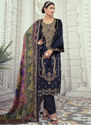Honourable Embroidered Navy Blue Velvet Designer Salwar Suit