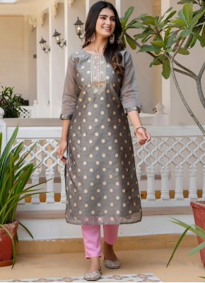 Honourable Silk Blend Embroidered Grey Casual Kurti