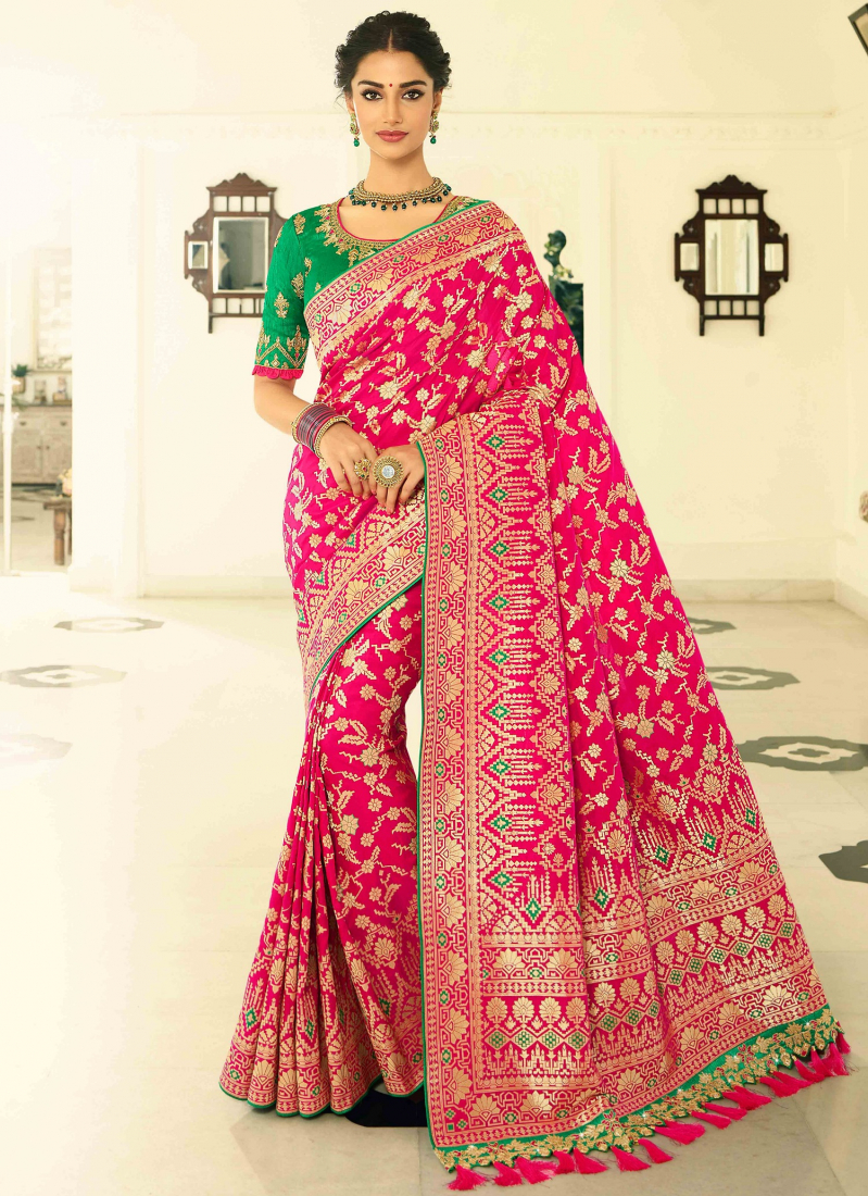 Hot Pink Banarasi Silk Traditional All Over Woven Saree