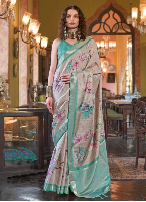Hypnotic Banarasi Silk Beige and Turquoise Digital Print Saree