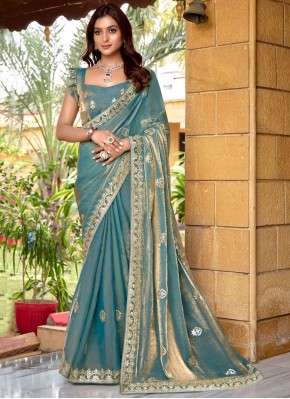 Hypnotizing Embroidered Chiffon Blue Designer Saree