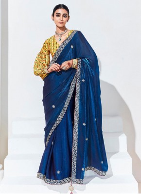 Immaculate Organza Navy Blue Embroidered Contemporary Saree