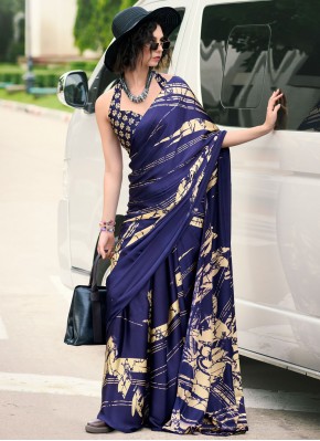 Impeccable Print Satin Navy Blue Traditional Saree