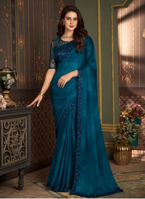 Imperial Chiffon Blue Embroidered Contemporary Sar