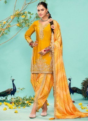 Imperial Chinon Embroidered Yellow Readymade Designer Salwar Suit