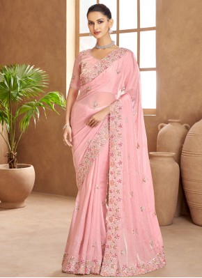 Impressive Satin Sequins Pink Designer Saree