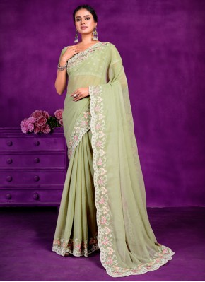 Impressive Shimmer Green Embroidered Contemporary Saree