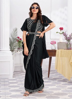 Innovative Black Embroidered Satin Silk Saree
