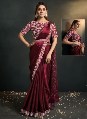 Innovative Embroidered Maroon Satin Silk Contemporary Style Saree