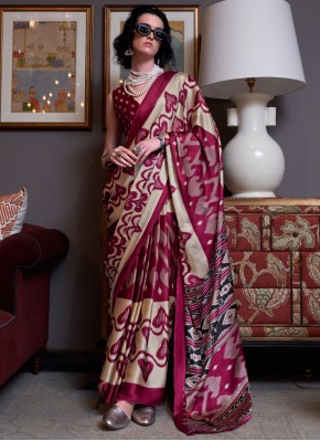 Integral Patola Print Cream and Wine Pure Crepe Trendy Saree