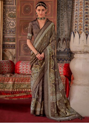 Intricate Brown Printed Contemporary Saree