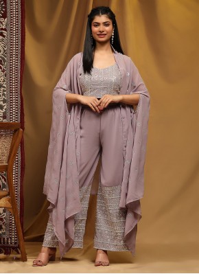 Intriguing Georgette Embroidered Purple Trendy Salwar Kameez