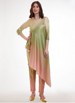 Intriguing Printed Sea Green Satin Party Wear Kurti