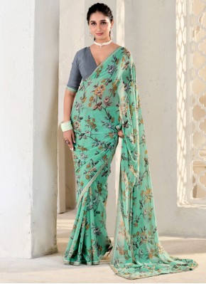 Invaluable Georgette Sea Green Print Contemporary Saree